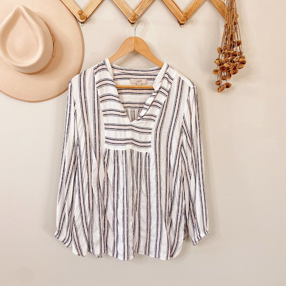 LOFT Striped Embroidered Peasant Blouse